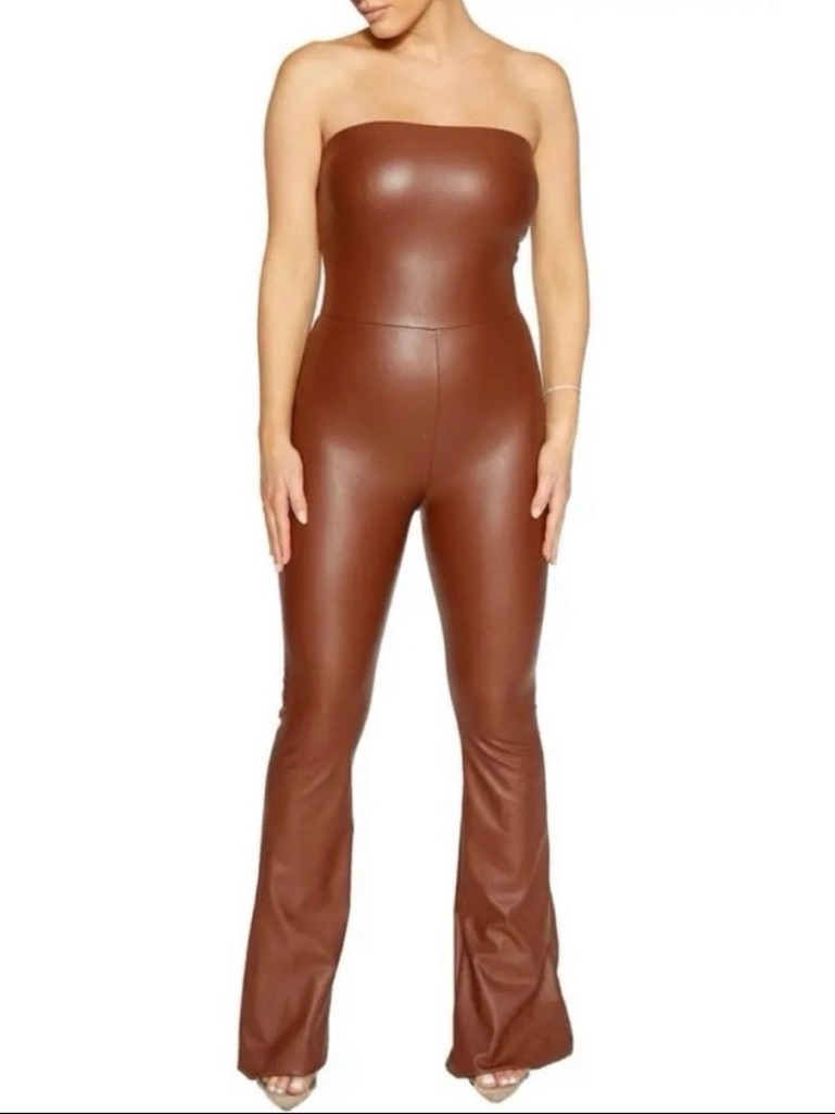 Naked Wardrobe - Strapless Faux Leather Jumpsuit